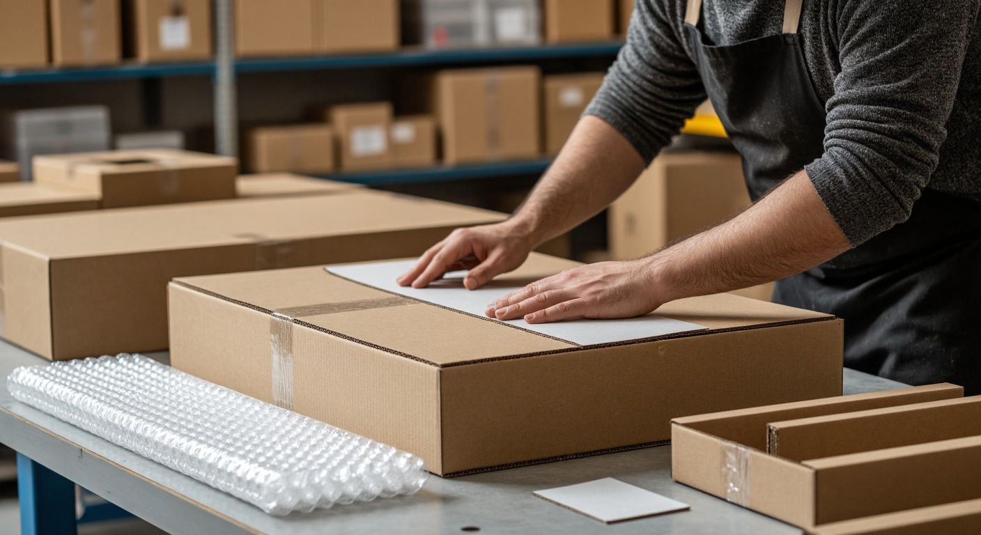 A person in Turkey carefully measuring and folding sturdy corrugated cardboard to craft a custom poster box, with bubble wrap and foam padding laid out nearby for added protection.