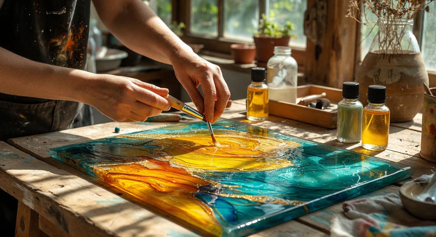 A pair of hands carefully applying a glossy, transparent varnish onto a vibrantly painted glass surface, with small bottles of Hobilux and Cadence acrylic varnish nearby on a wooden table in a sunlit Turkish workshop.