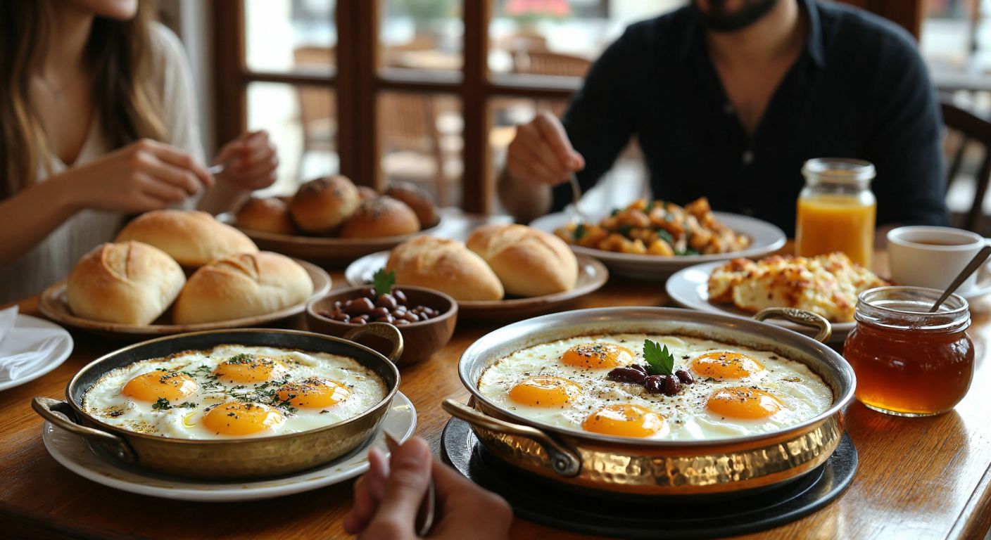 A warm, bustling Turkish breakfast table with a golden bowl of creamy manda kaymağı, a sizzling sahan of eggs, and a small jar of honey, surrounded by fresh bread and smiling people sharing the meal.