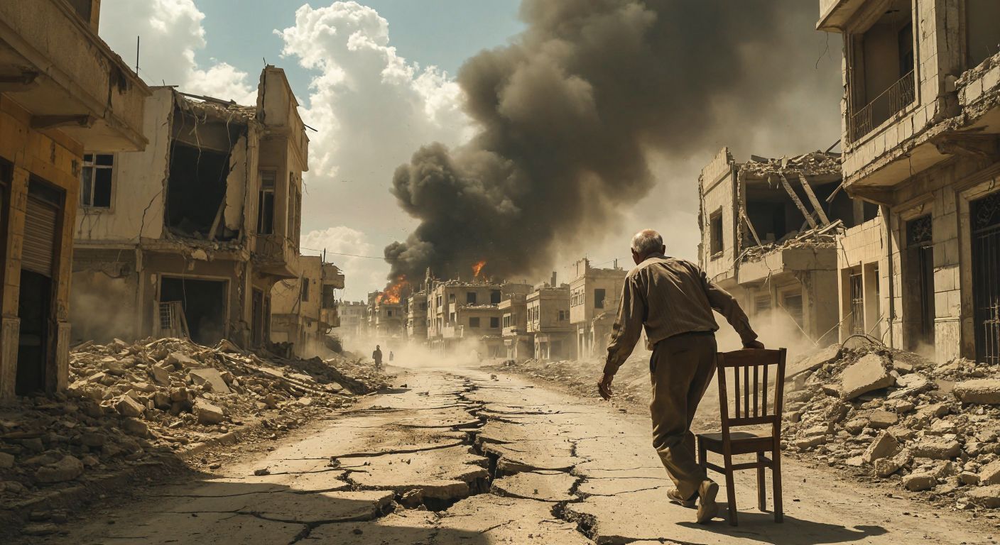 A cracked, sunbaked street in Dinar with collapsed buildings in the background, dust rising into the air, and a terrified elderly man clutching a wooden chair for balance.