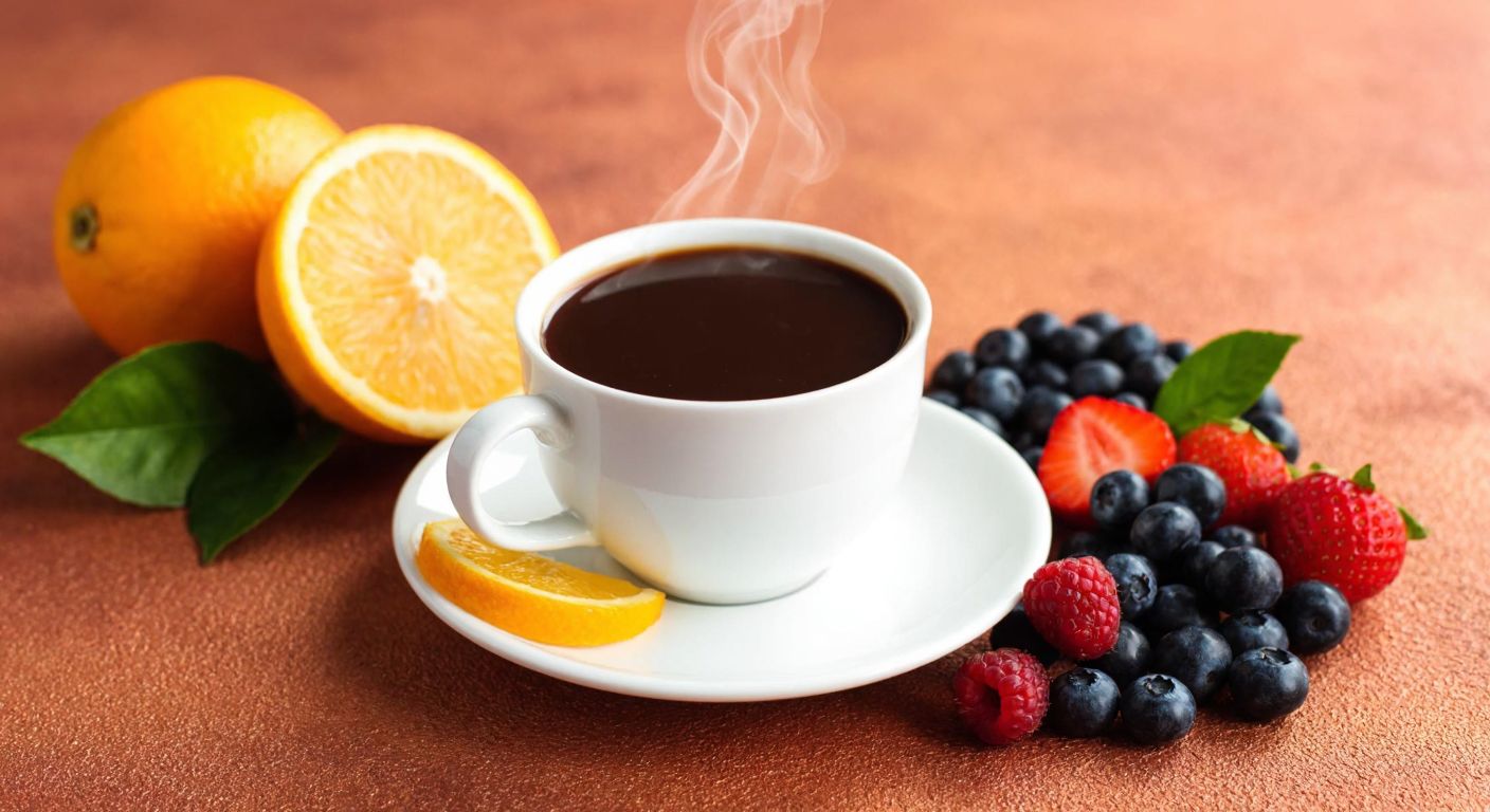 A steaming cup of Turkish coffee with vibrant citrus slices and fresh berries beside it, evoking bright, fruity flavors against a warm, textured backdrop.