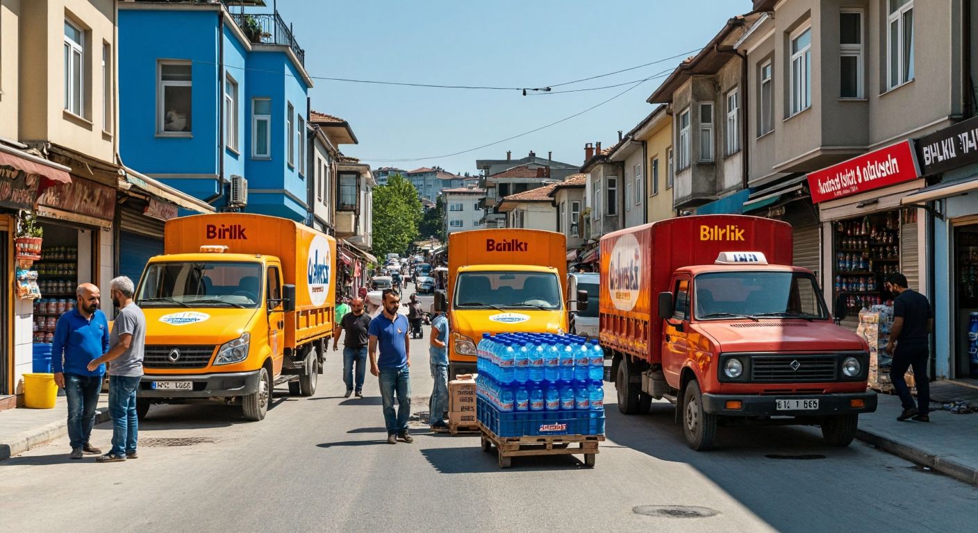 A bustling street in Tepeören, Istanbul, with colorful water delivery trucks parked outside small shops, workers unloading crates of Nestle, Kuvars, and Birlik water bottles under the warm sun, and locals chatting nearby.
