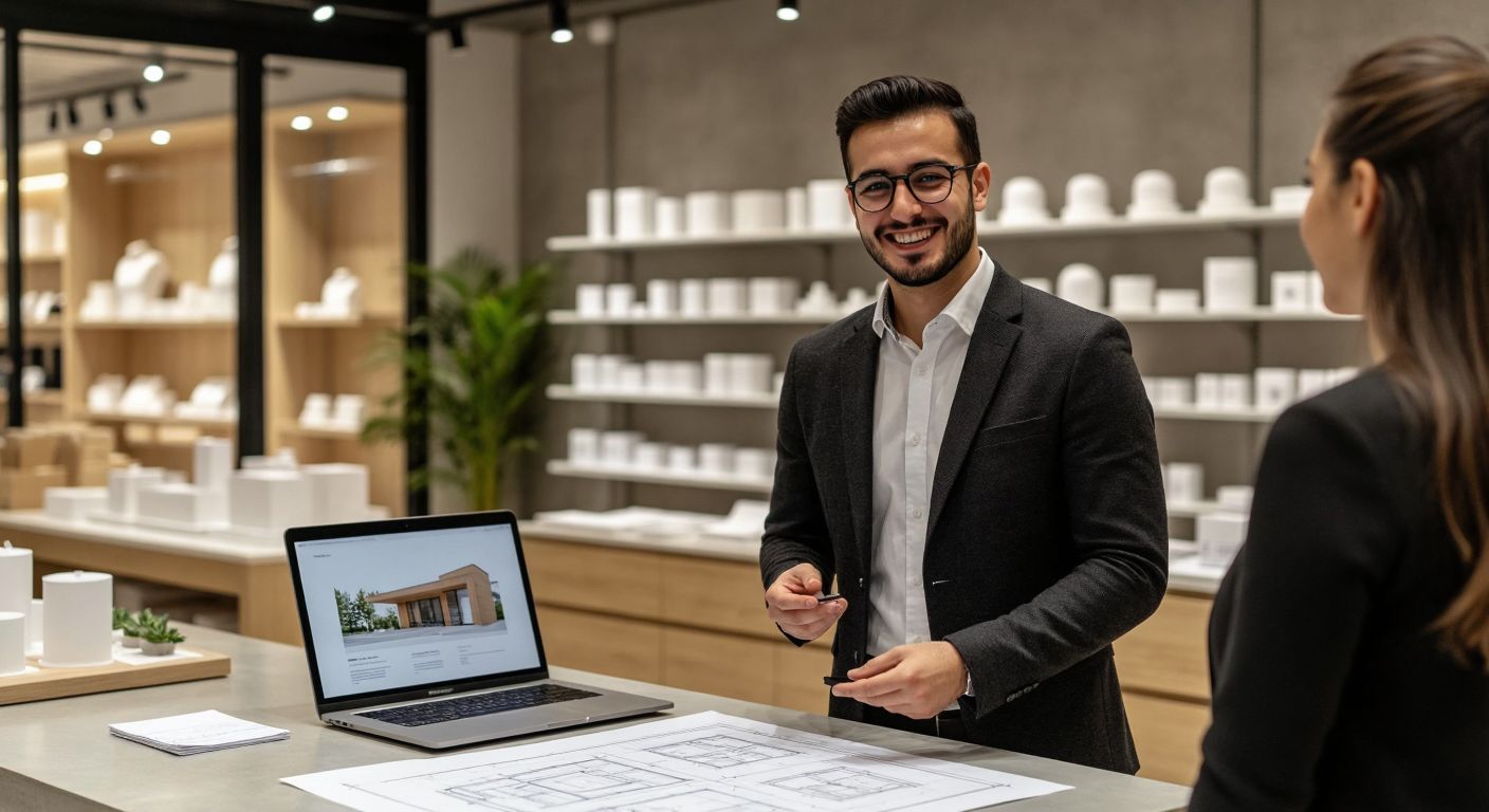 A confident salesperson in a modern Turkish store, smiling while demonstrating a product to a customer, with structural blueprints and a laptop displaying 3D models in the background.