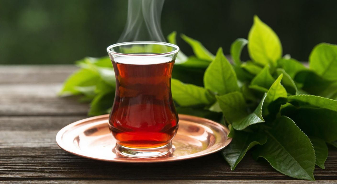 A steaming glass of amber-hued Tirebolu tea sits on a traditional Turkish copper tray, surrounded by lush green tea leaves from the Eastern Black Sea region, with a warm, inviting glow reflecting off the surface.