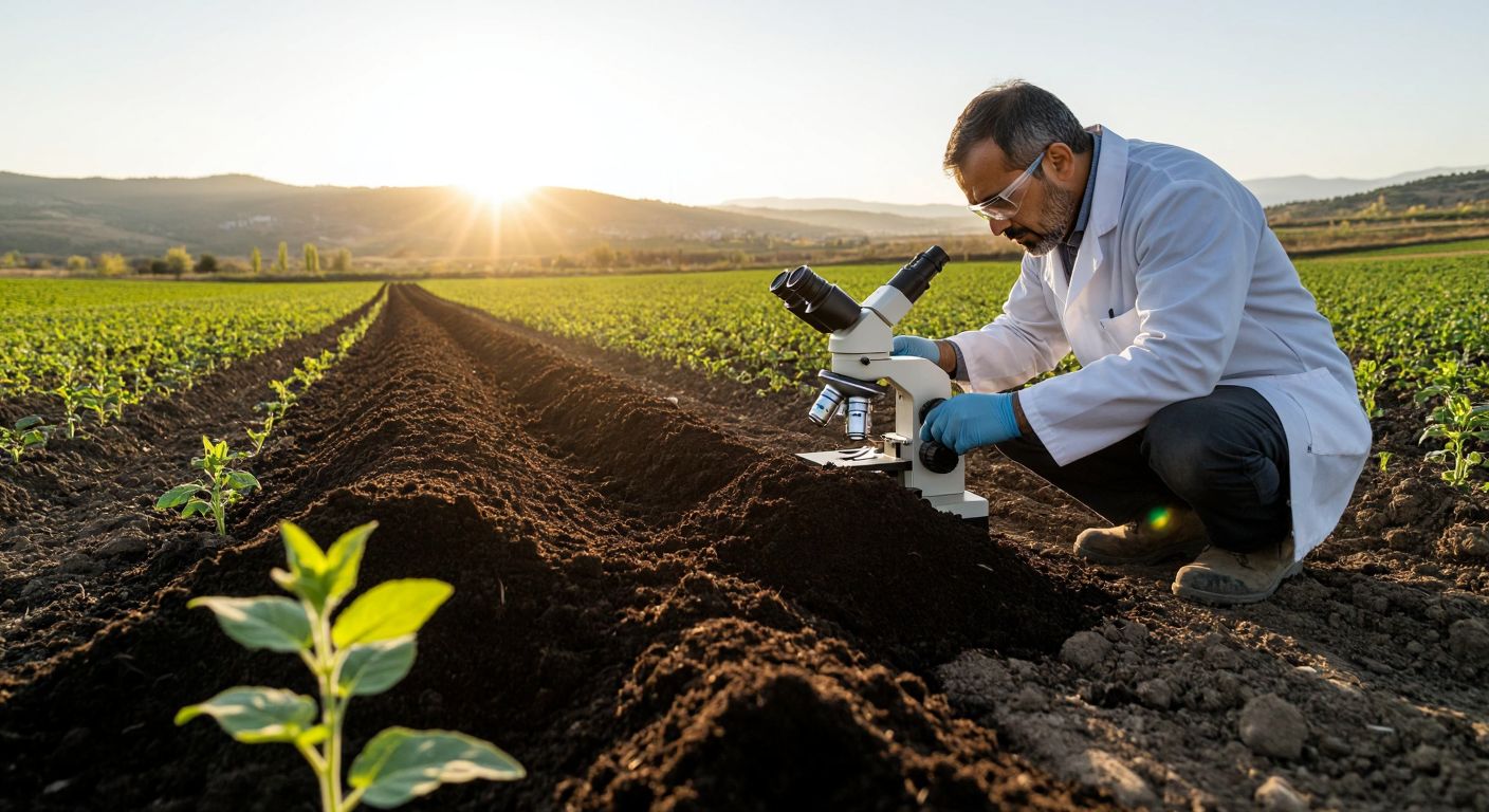 A Turkish farmer in a sunlit field spreads dark compost over rich soil, while a scientist in a lab examines a sample under a microscope, both demonstrating practical uses of human waste.