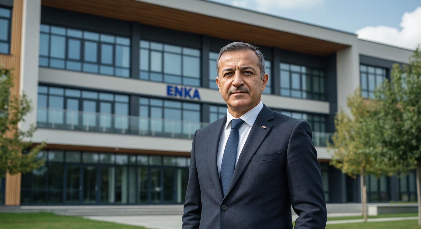 A distinguished middle-aged Turkish man in a formal suit stands confidently in front of a modern school building with the ENKA logo subtly visible in the architecture.