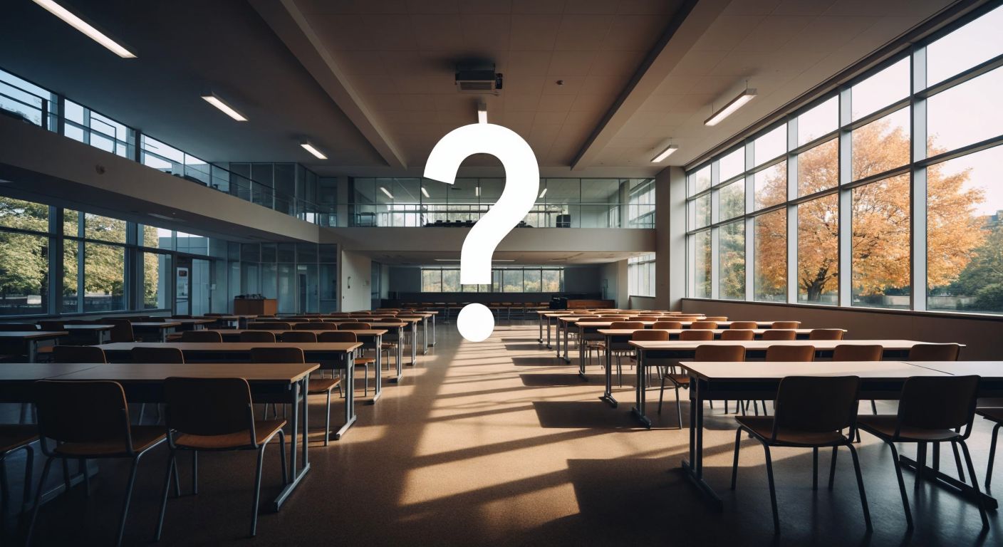 A split image showing a modern university building with digital learning tools on one side and a question mark hovering over an empty, shadowed classroom on the other.