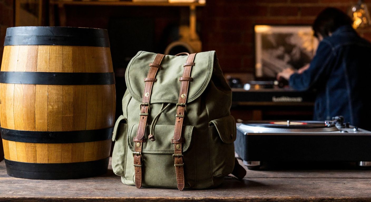 A wooden barrel of Japanese whisky sits beside a vintage green backpack on a rustic table, with a vinyl record player softly playing music in the background.
