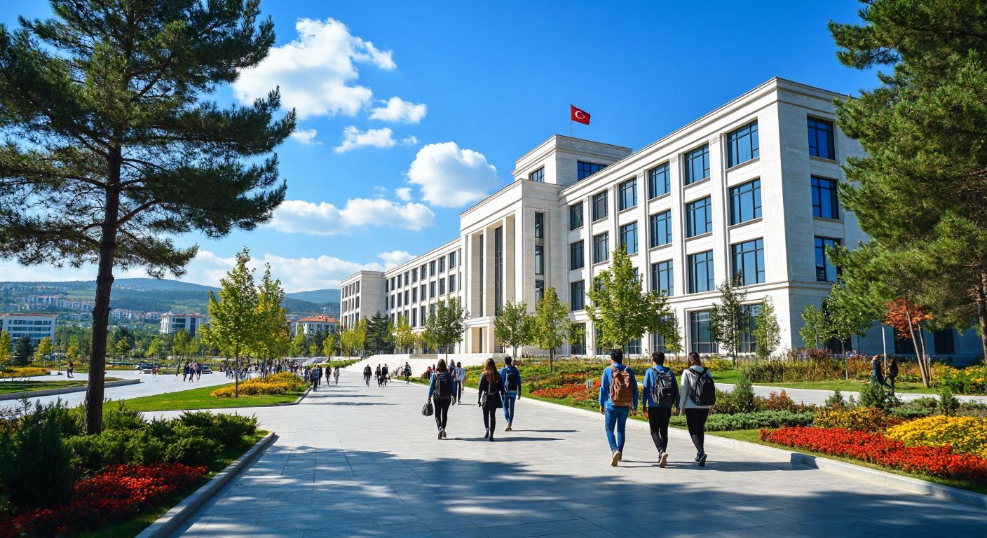 A modern university campus in Samsun, Turkey, with students walking past a grand administrative building under a bright blue sky, surrounded by green trees and the Black Sea breeze.