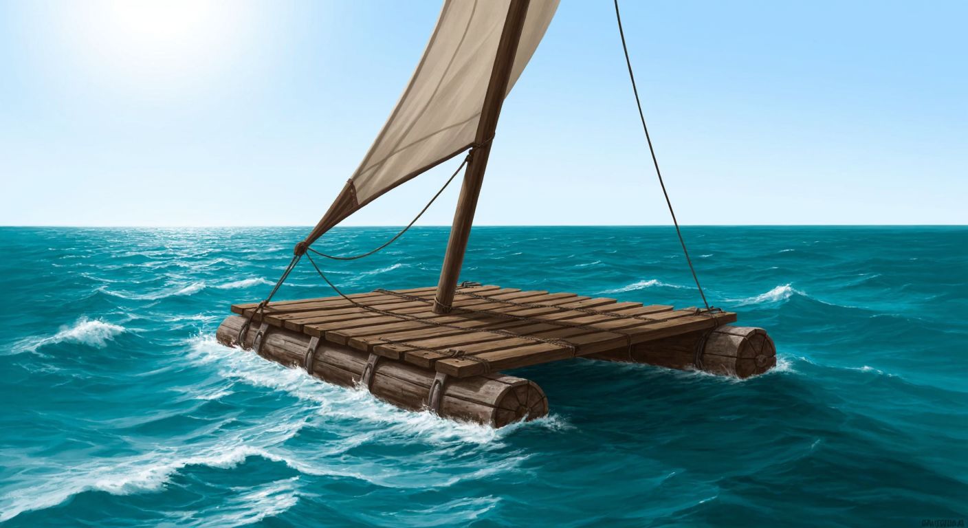 A rugged wooden raft with a simple sail drifts on vast blue ocean waves under a bright sky, embodying adventure and determination.