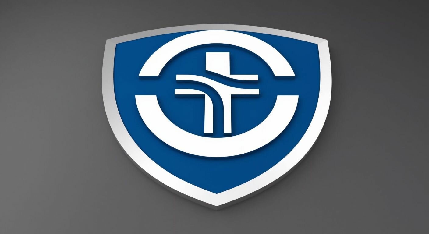 A sleek, modern university emblem in blue and white, featuring an intertwined cross at its center, set against a neutral background.
