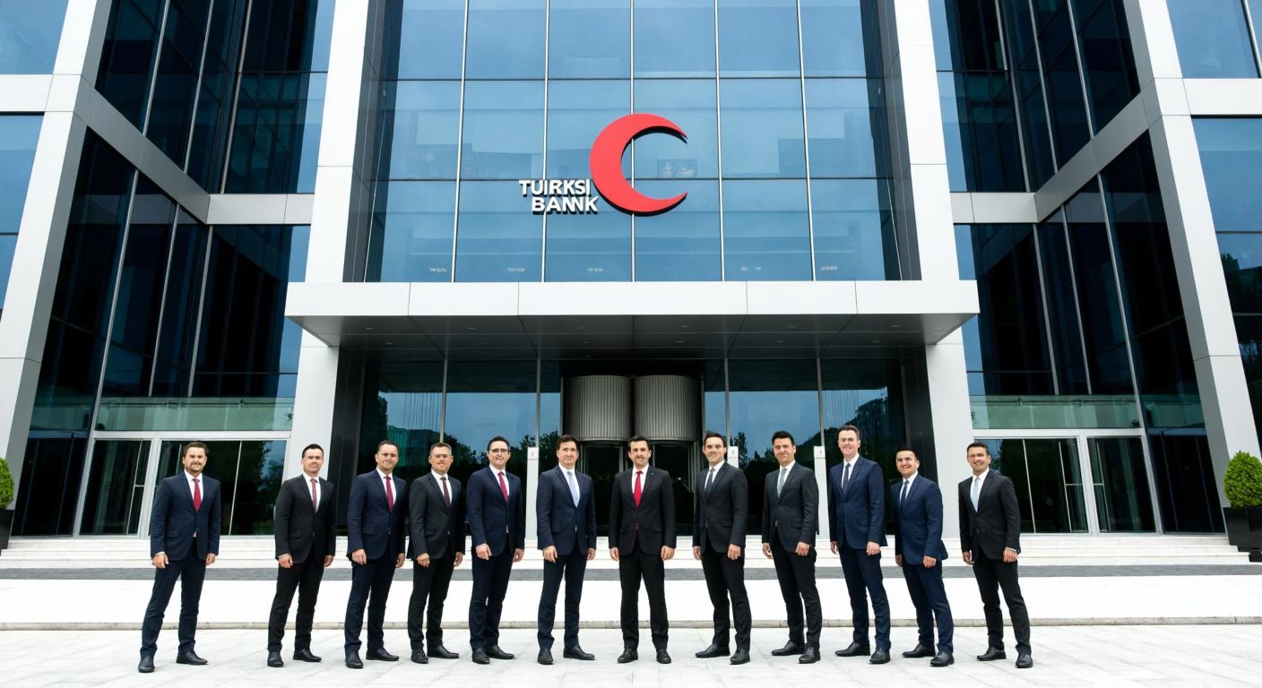 A grand, modern Turkish bank building with a sleek glass facade, flanked by a group of well-dressed executives in formal suits standing confidently in front, symbolizing ownership and leadership.