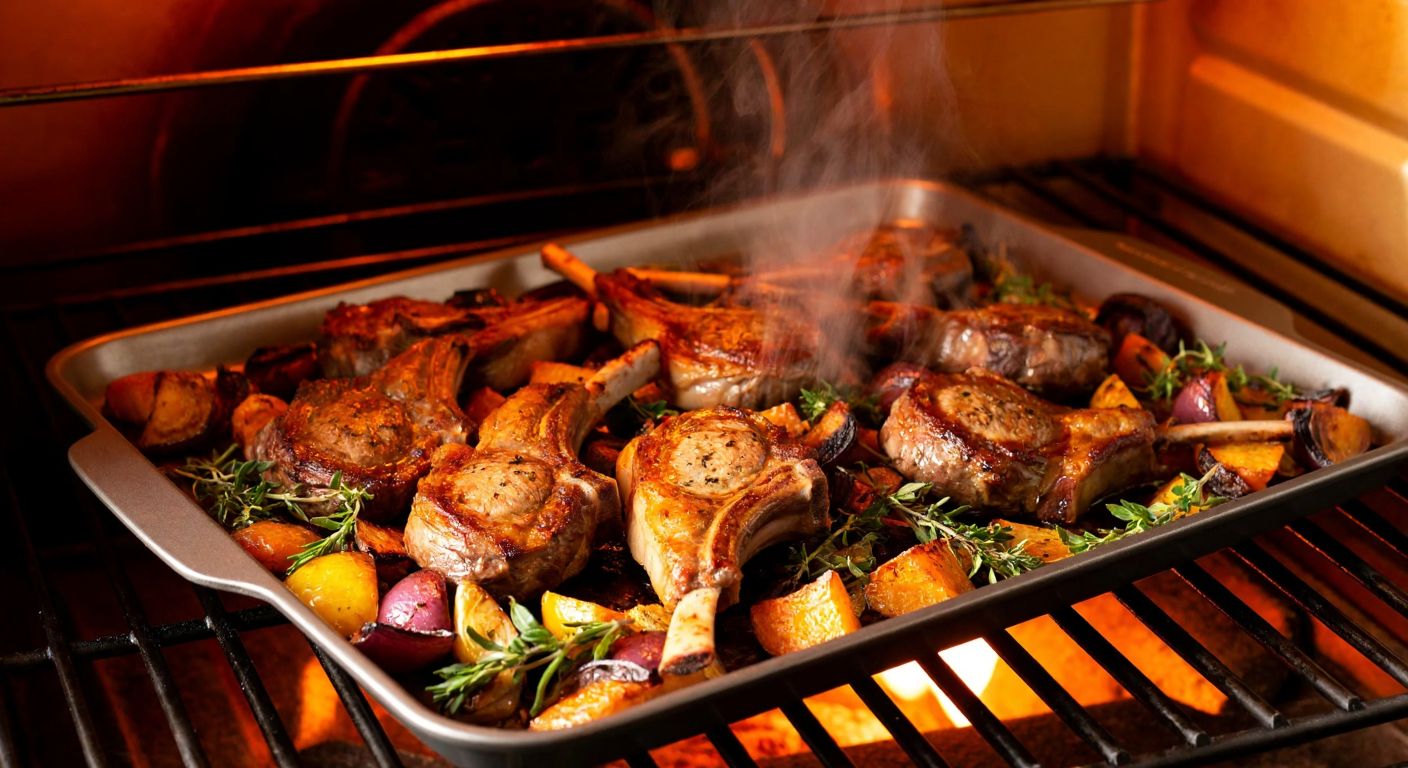 A golden-brown tray of sizzling lamb chops resting on a bed of roasted vegetables inside a warm, glowing oven, with steam rising and fresh herbs scattered around.