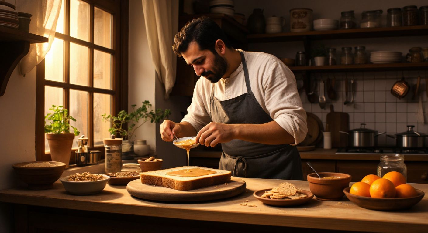 A Turkish man in a cozy kitchen carefully spreads honey-peanut butter on whole-grain bread, with a small portion measured on a kitchen scale nearby, conveying mindful indulgence.