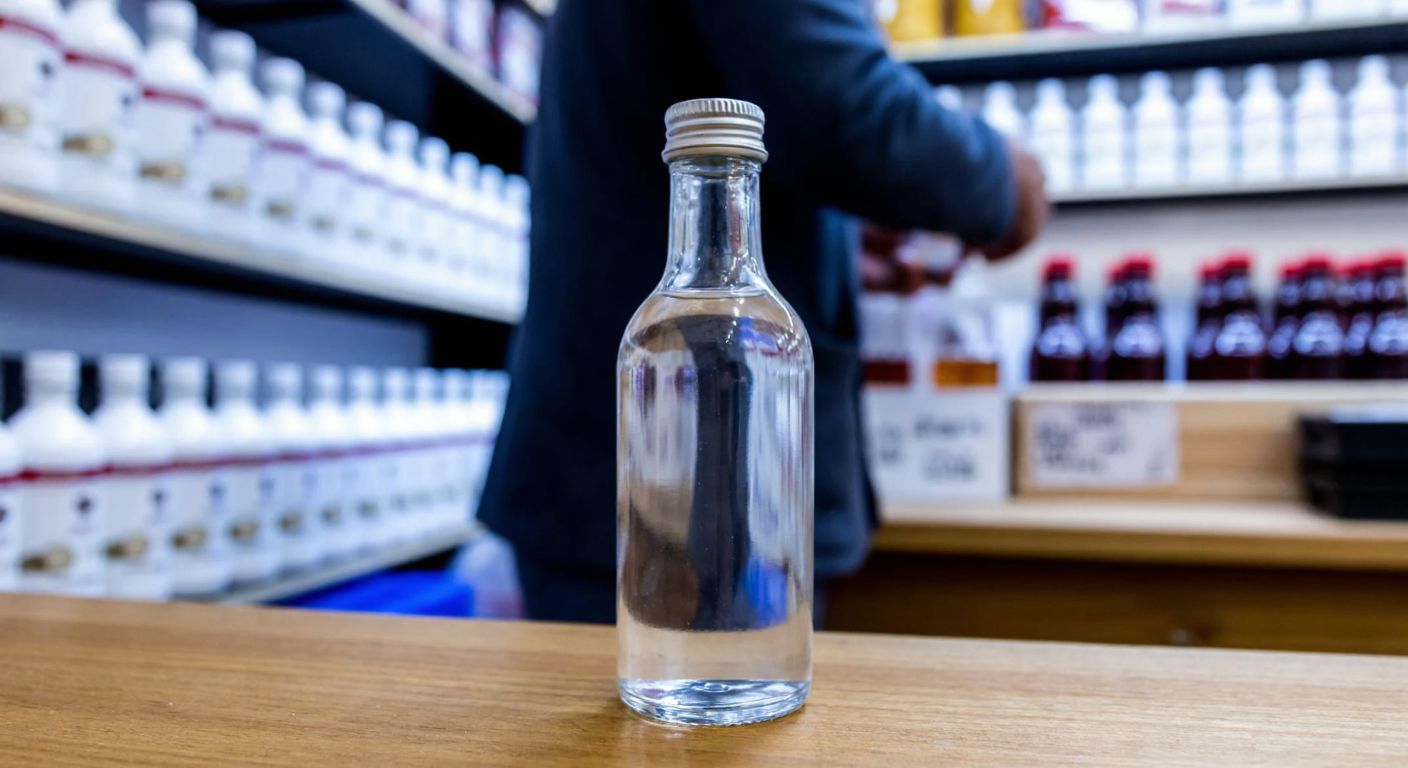 A small, clear glass bottle filled with colorless isopropyl alcohol, placed on a wooden table in a Turkish market, with a vendor in the background arranging similar bottles on a shelf.