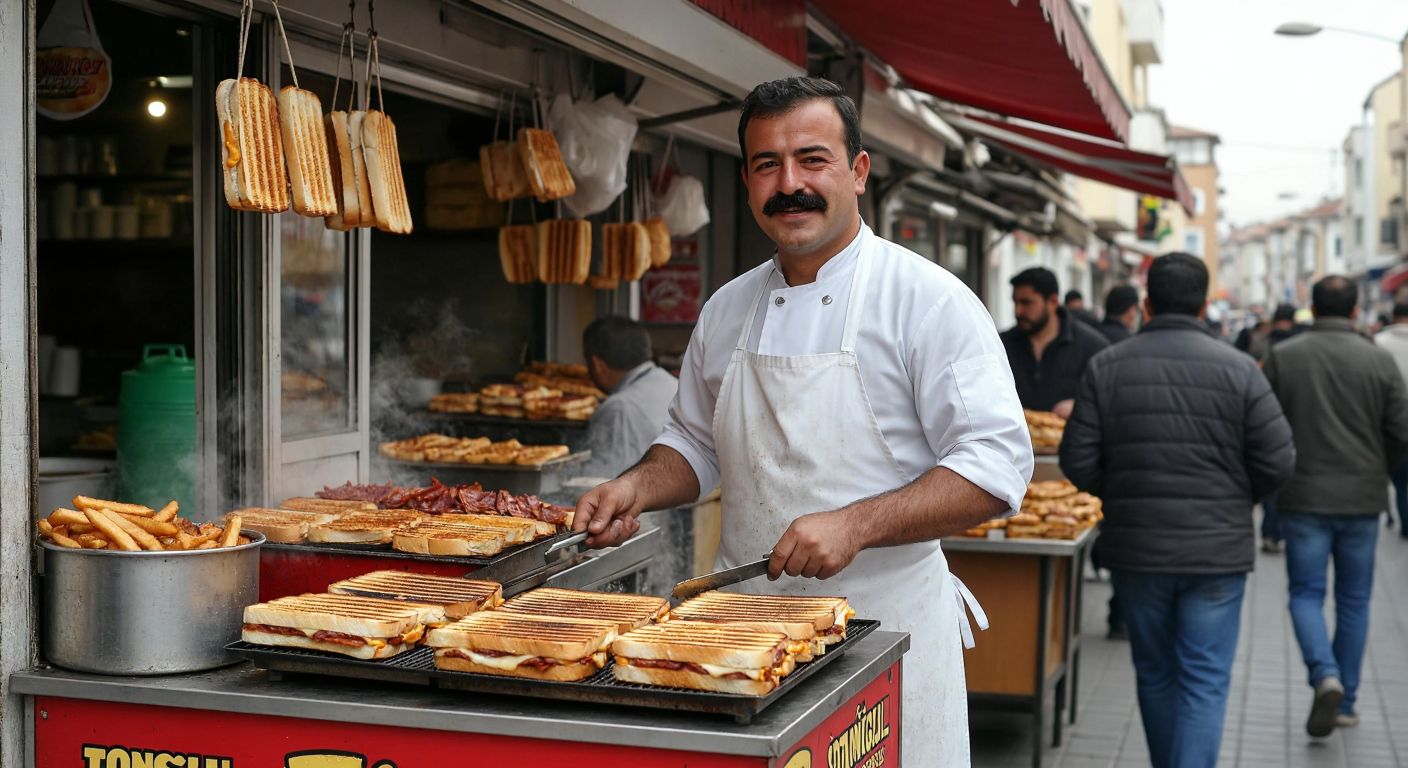 A bustling street in Manisa with a small, lively tost stand, where a mustachioed vendor in a white apron grills golden-brown tost sandwiches, surrounded by eager customers and the aroma of melted cheese and sucuk.