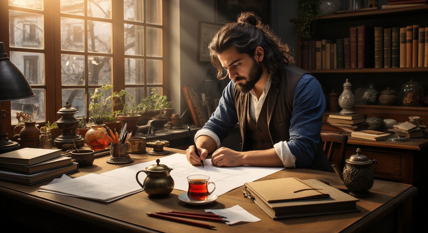 A Turkish designer in a modern studio thoughtfully sketches structured notes on a blank sheet of paper, surrounded by neatly arranged stationery and a steaming cup of Turkish tea.