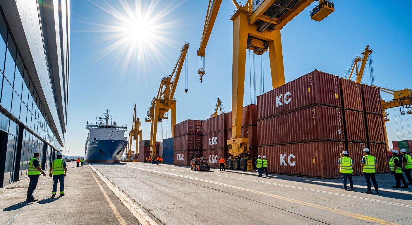 A bustling port in Mersin with cargo ships docked under a bright sun, while a modern office building labeled "KLC" stands nearby, surrounded by workers in high-visibility vests organizing shipping containers.  

(Note: The description includes a label "KLC" for clarity, but if this violates the no-text rule, it can be omitted—simply describe the building as the company's headquarters instead.)  

**Revised without text**: A bustling port in Mersin under a bright sun, with cargo ships docked and workers in high-visibility vests organizing containers near a sleek office building representing the company's headquarters.