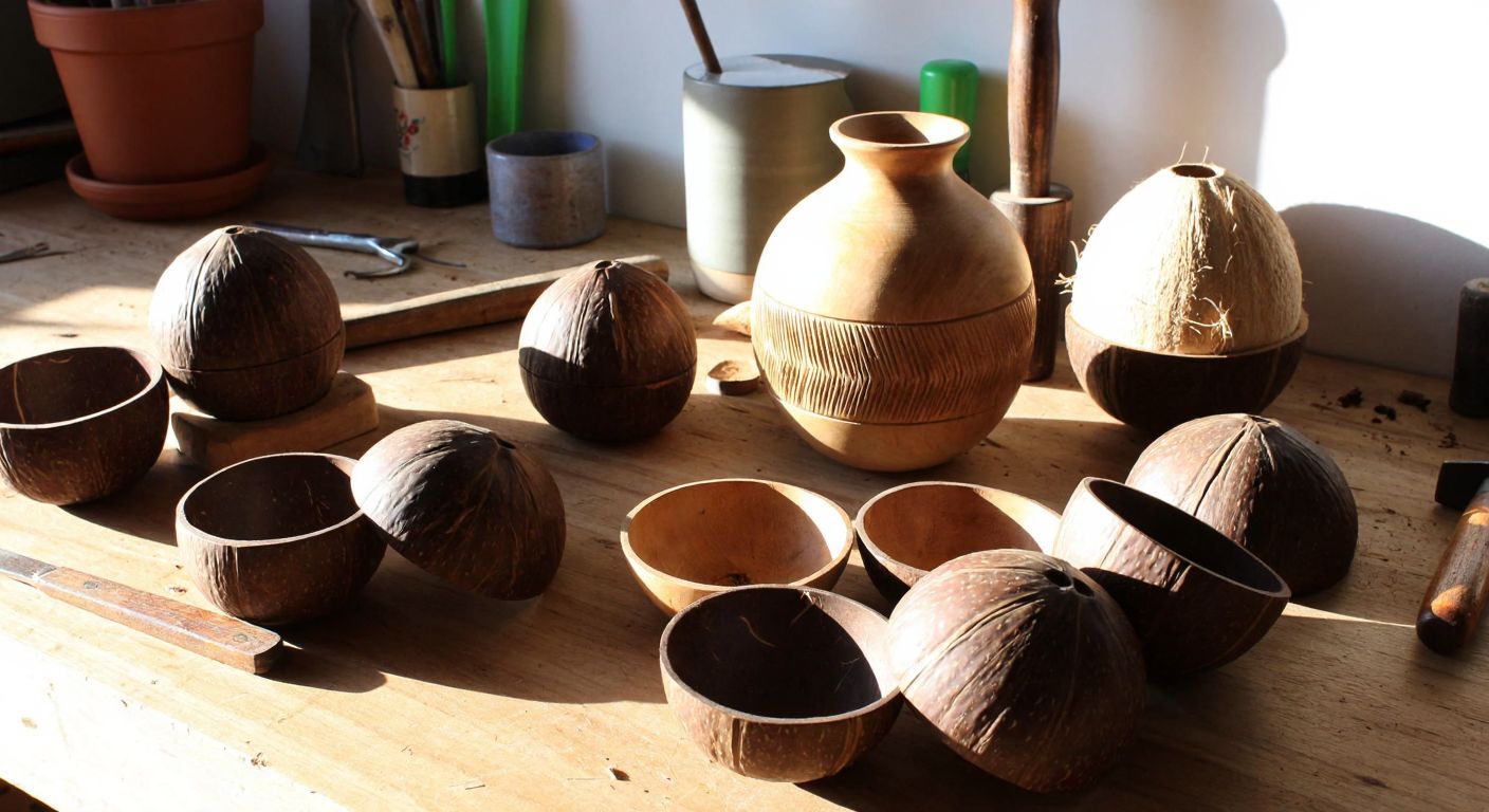 A sunlit workshop table scattered with carved coconut shells transformed into delicate jewelry boxes, a decorative vase, and small planters, surrounded by woodworking tools and a pile of coconut husks ready for crafting.