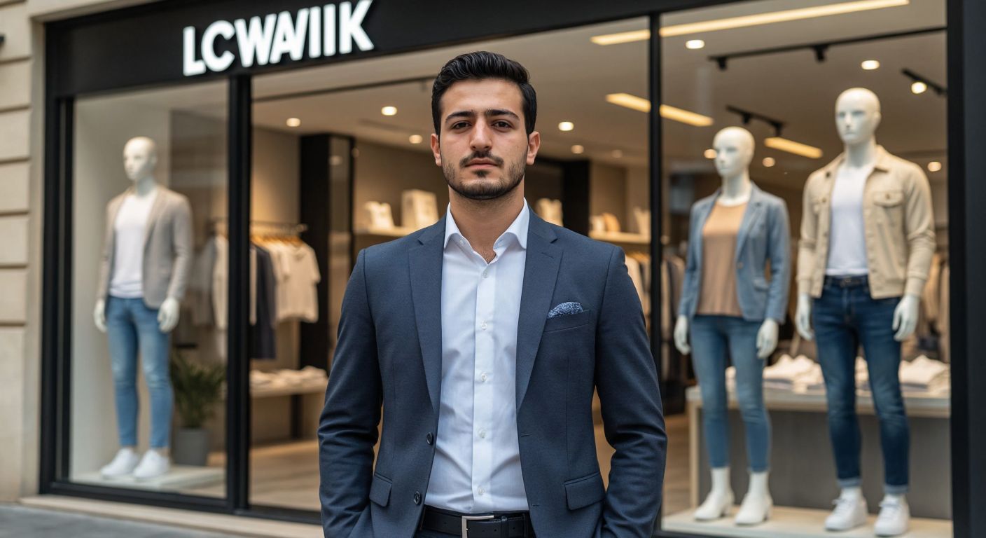 A Turkish businessman in a sleek suit shakes his head with a neutral expression while standing in front of a modern LC Waikiki storefront with mannequins displaying casual clothing.