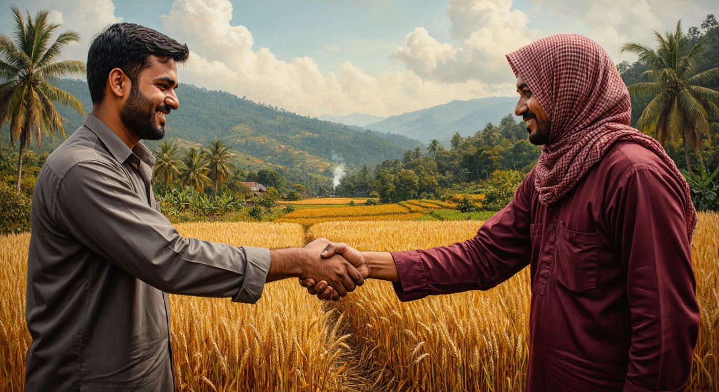 A handshake between a Pakistani farmer holding wheat and a Malaysian worker with palm oil, symbolizing trade based on comparative advantage, set against a backdrop of their respective landscapes.
