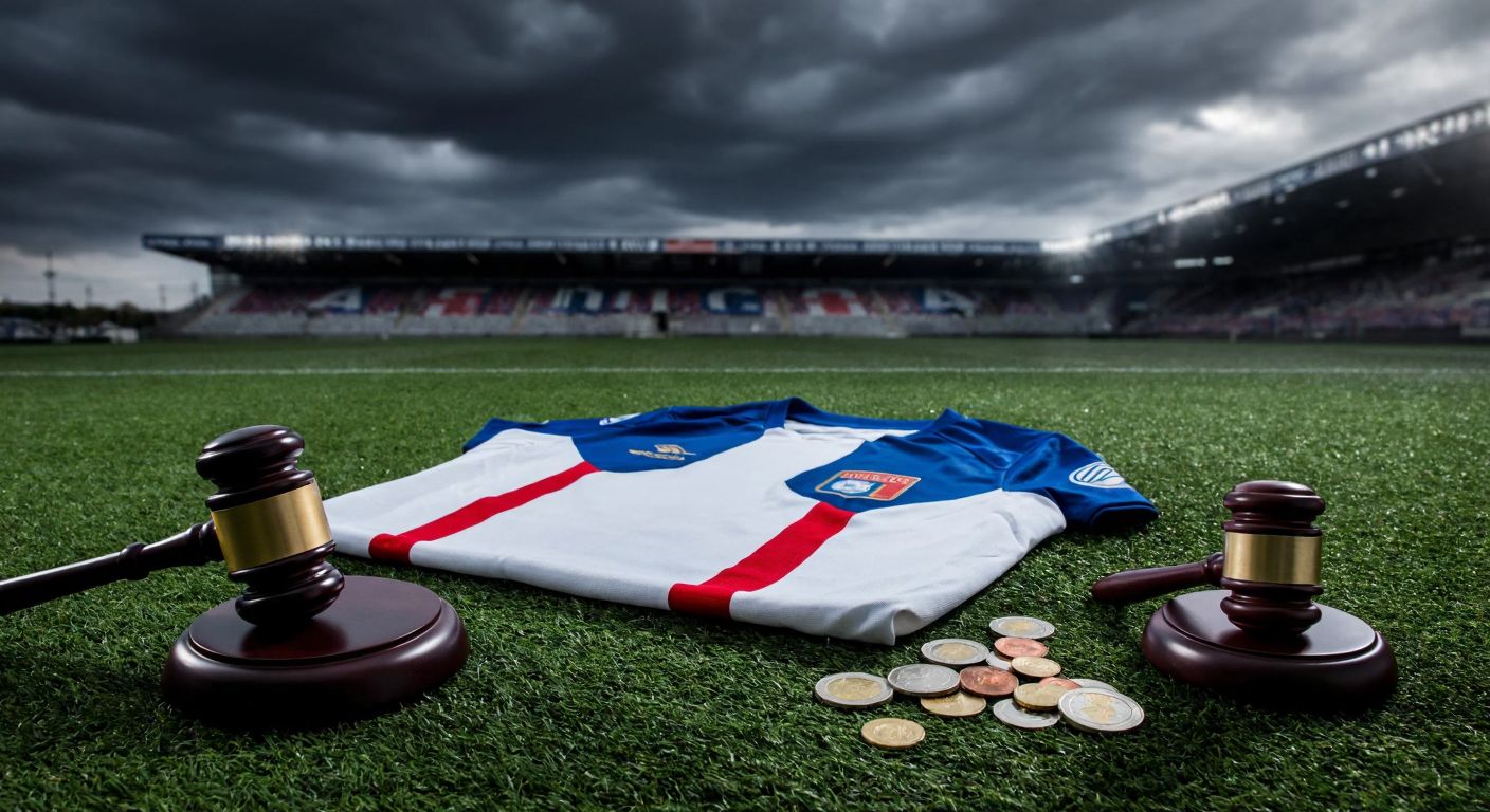 A dejected Olympique Lyon football jersey lies crumpled on a grassy field under stormy French skies, with a gavel and euro coins scattered nearby.