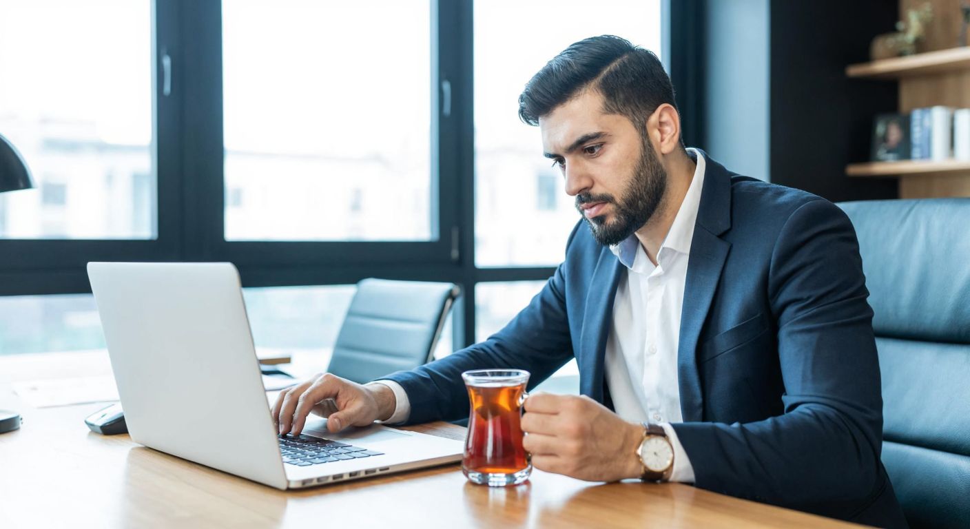 A Turkish investor in a modern office checks a financial website on a laptop, looking slightly puzzled while holding a cup of traditional Turkish tea.
