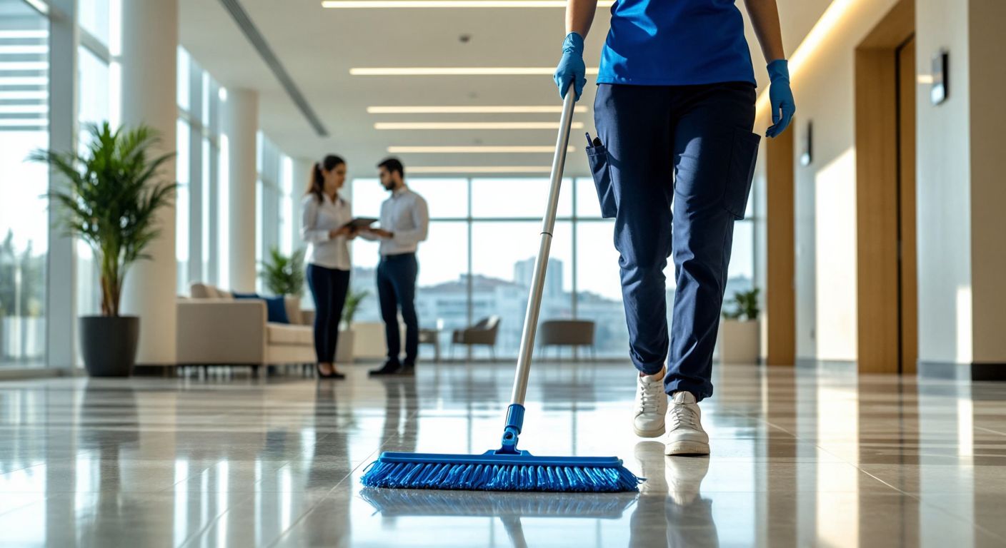 A smiling cleaner in a blue uniform pushes a mop across a polished floor in a bright office building in Turkey, while a supervisor in a white shirt checks a clipboard nearby.