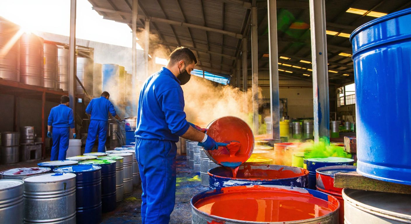 A vibrant paint factory in Turkey with workers in blue overalls mixing colorful pigments under a bright sun, surrounded by stacks of freshly painted metal cans.