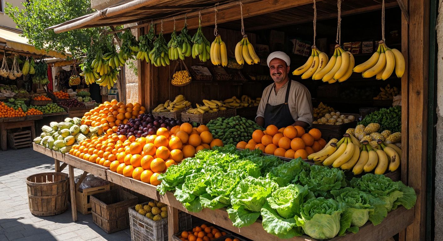 A vibrant wooden market stall in Turkey overflows with fresh **muz (bananas)**, **mandalina (tangerines)**, **marul (lettuce)**, and **mısır (corn)**, bathed in warm sunlight with a smiling vendor in traditional attire.