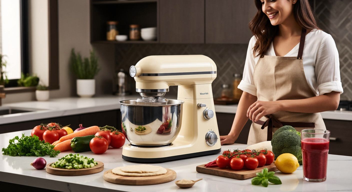 A sleek, cream-colored kitchen robot sits on a marble countertop in a Turkish home, surrounded by freshly chopped vegetables, smooth hummus, kneaded dough, and a vibrant fruit smoothie, with a smiling woman in an apron admiring its efficiency.