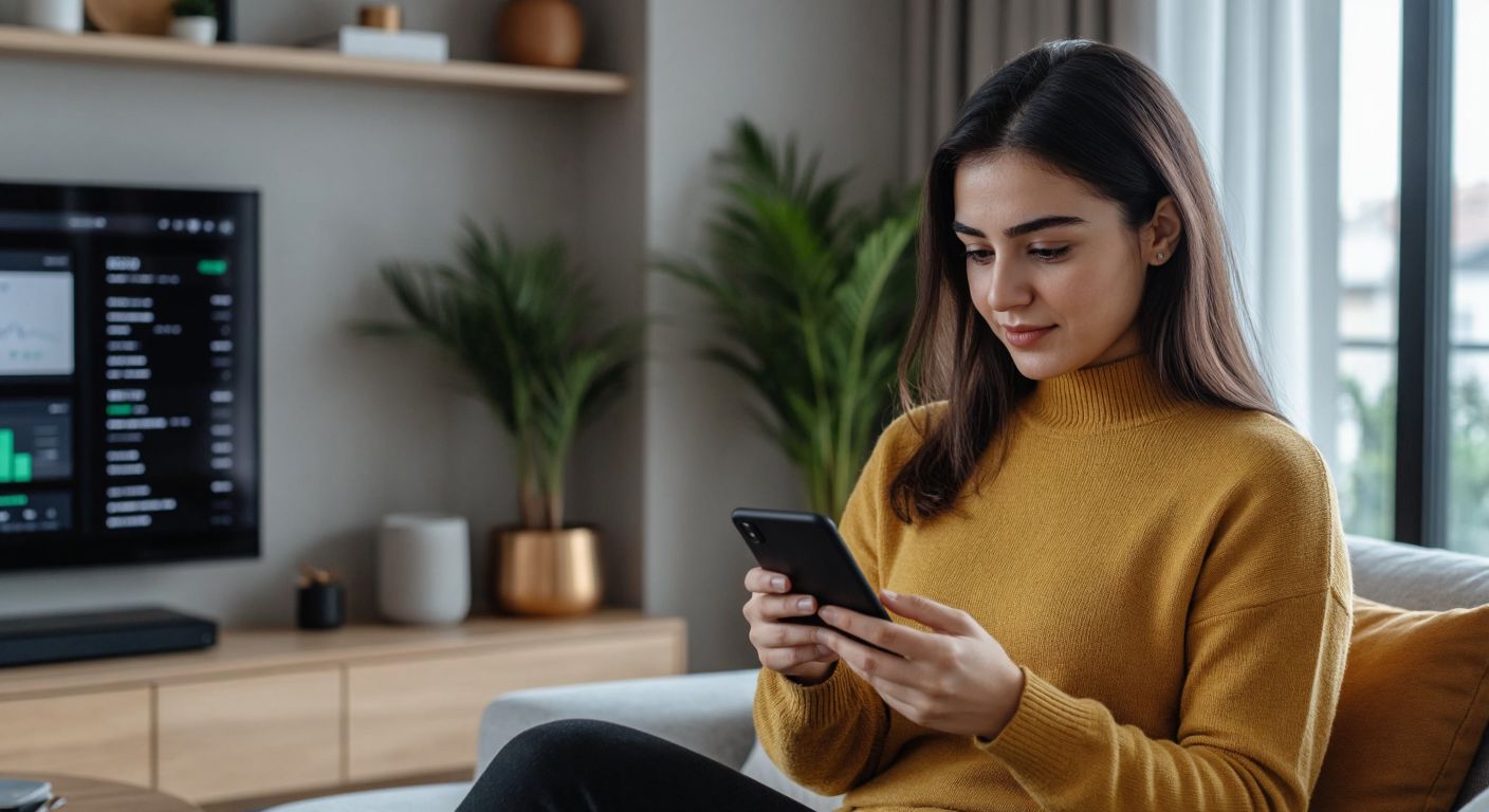 A Turkish person in a modern home setting confidently uses a smartphone to view multiple bank account summaries displayed as sleek, interconnected financial tiles on a single screen.