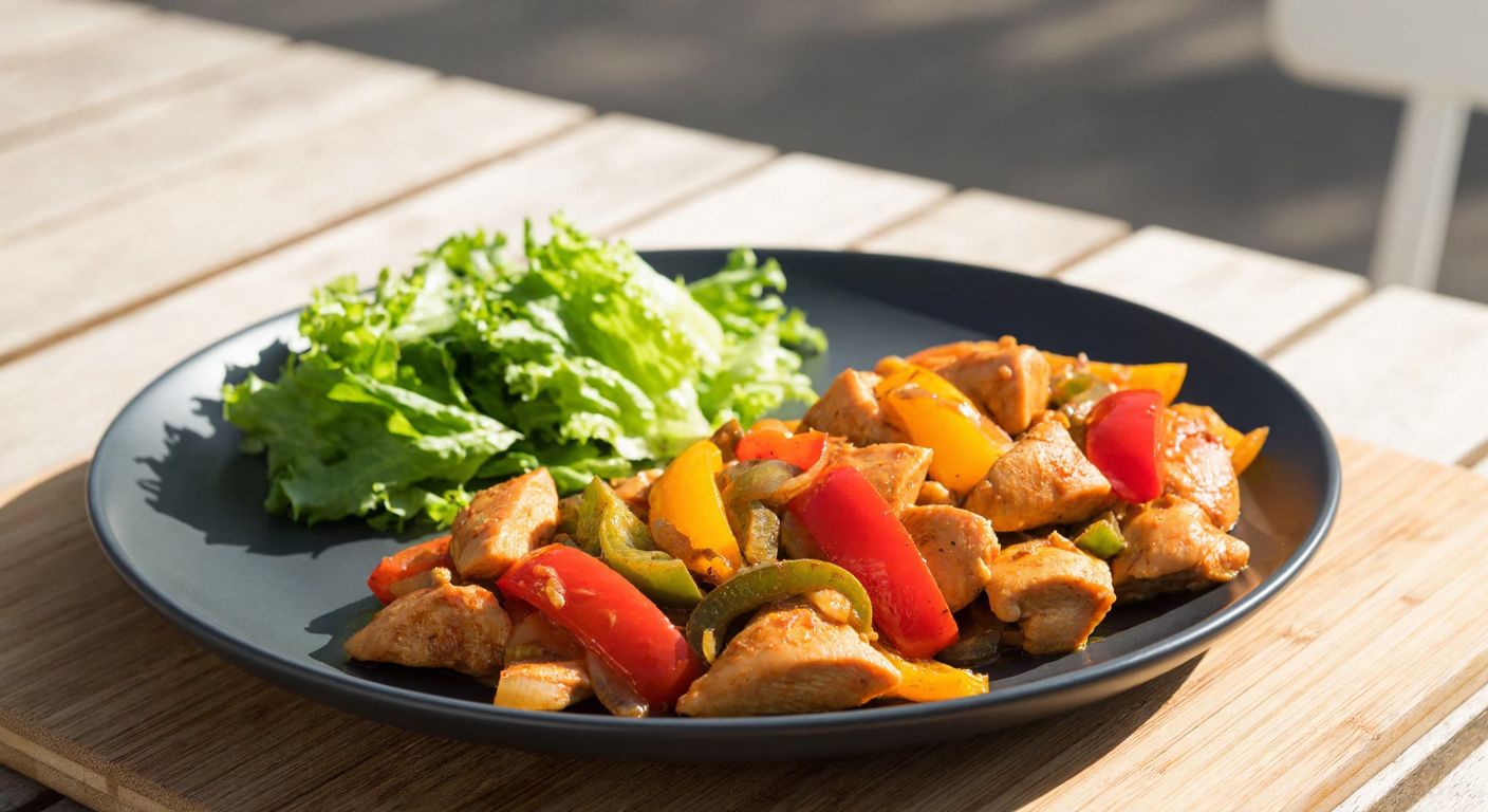A steaming plate of tender chicken sauté with colorful bell peppers and tomatoes, served alongside a fresh green salad, on a rustic wooden table in a sunlit Turkish kitchen.