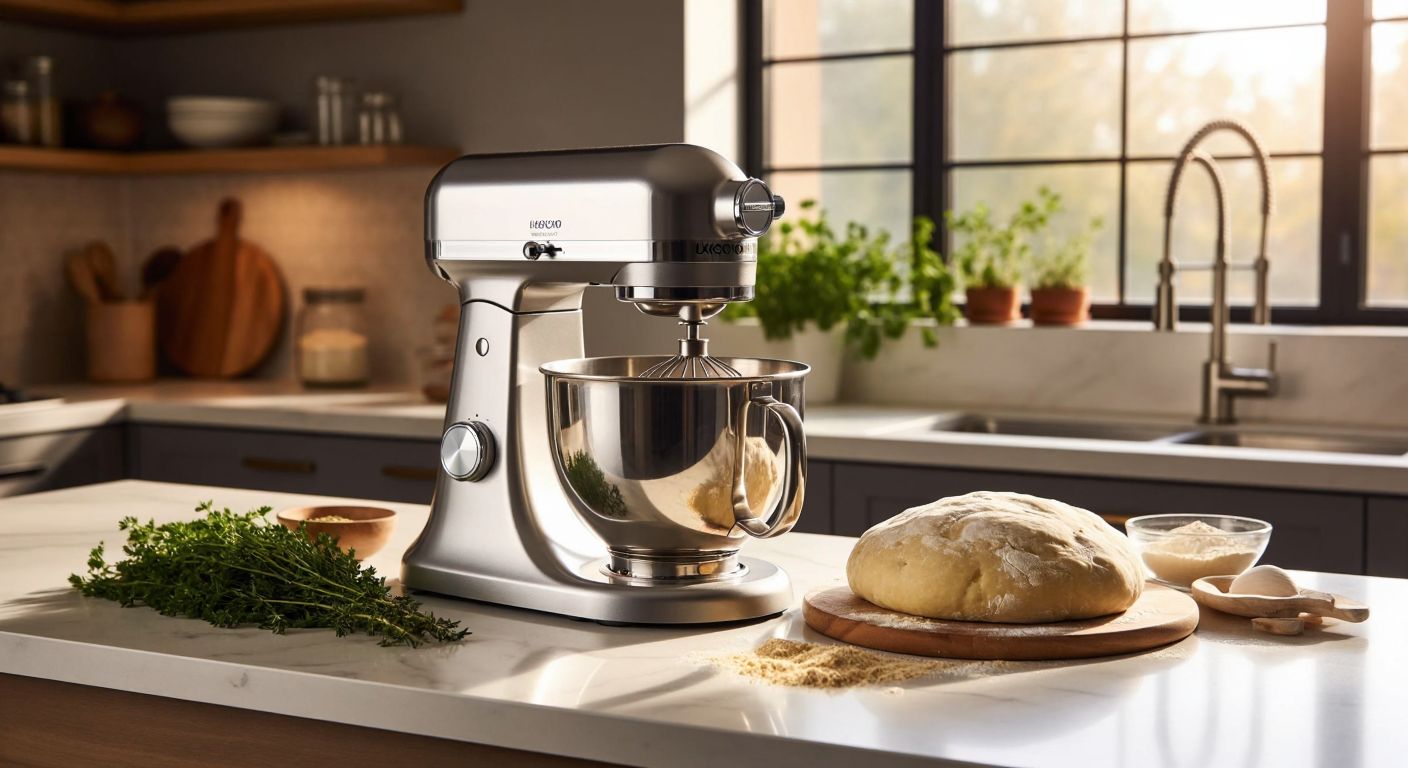 A stainless steel Kenwood stand mixer with multiple attachments whirs on a sunlit Turkish kitchen counter, kneading golden dough while fresh herbs and flour dust the marble surface nearby.