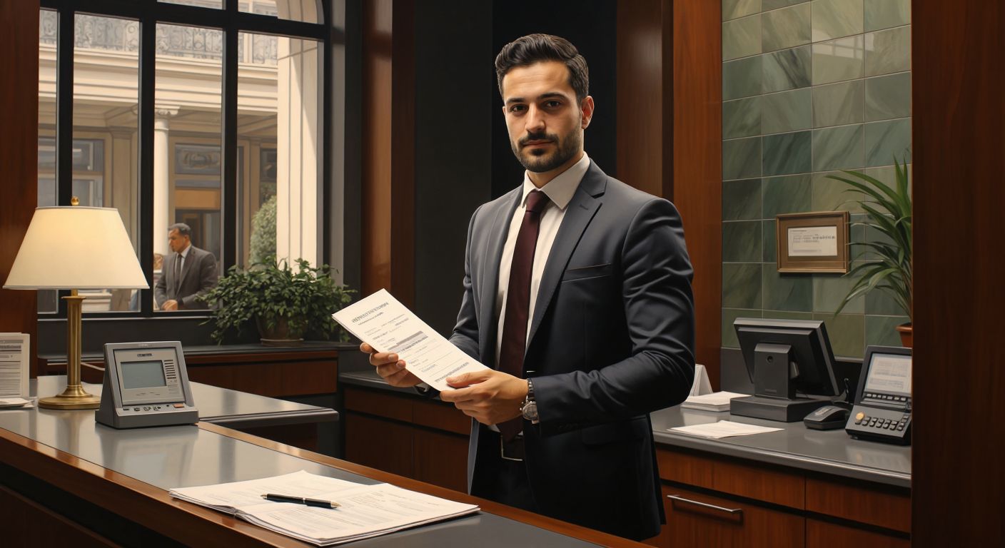 A neatly dressed Turkish businessman in a bank setting confidently hands over a signed check to a teller behind a counter, with a ledger and pen nearby.