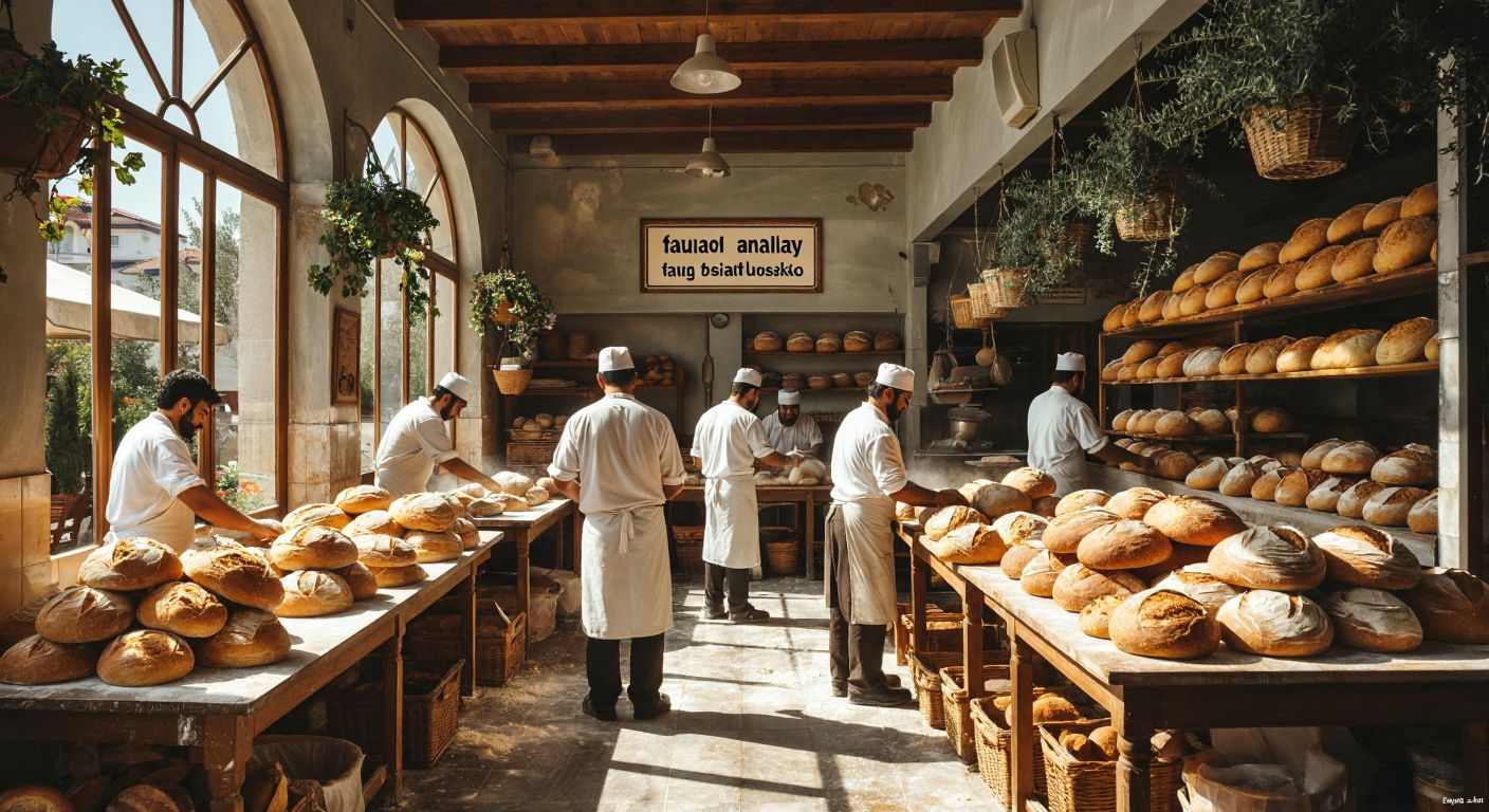 A bustling bakery in Antalya with warm golden loaves of bread stacked high, workers in white aprons kneading dough, and a family-owned factory sign in the background under the bright Mediterranean sun.