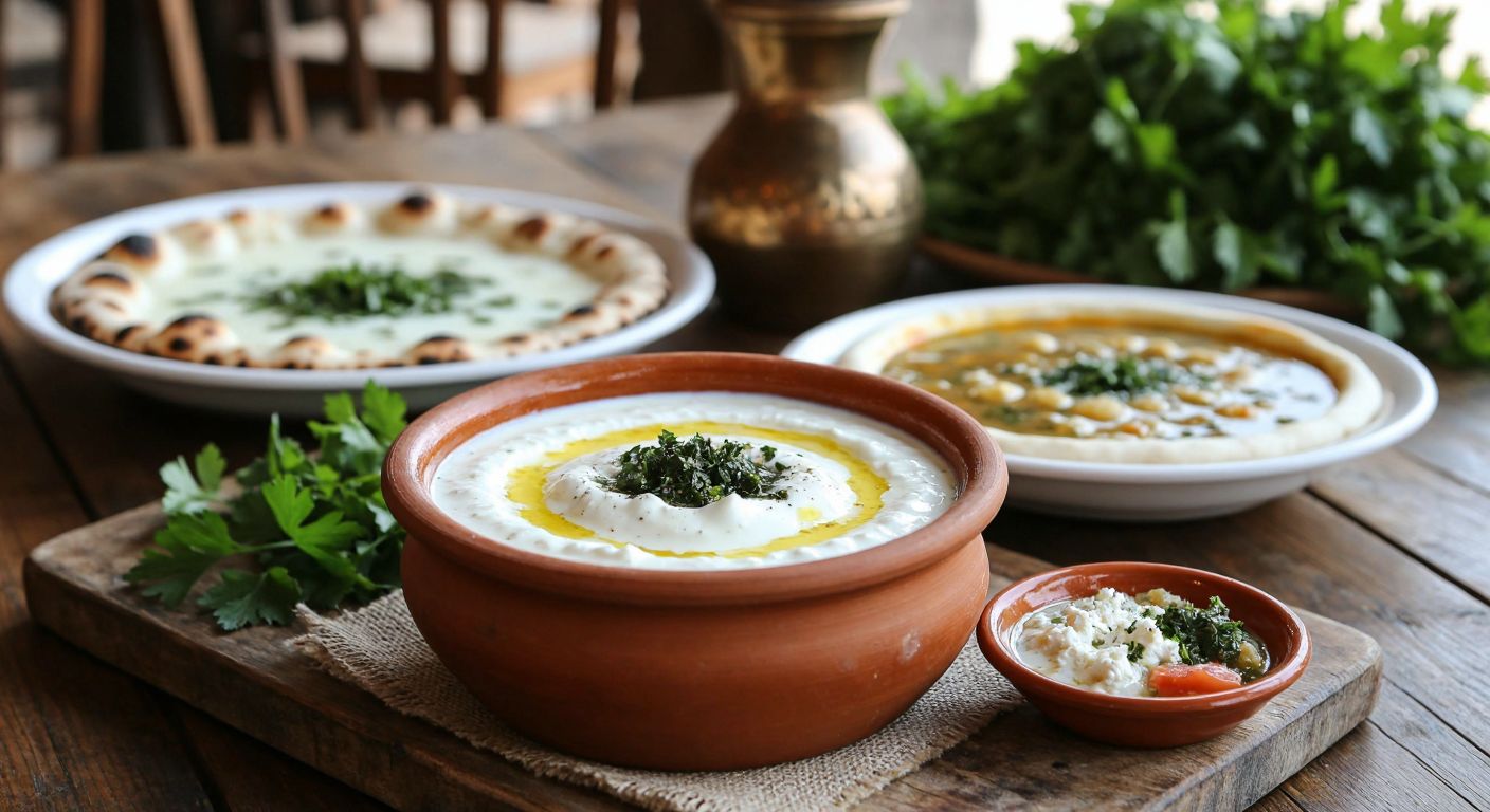A rustic wooden table in Diyarbakır holds a clay bowl of creamy sheep yogurt, surrounded by steaming plates of lebeni soup and pıçık, with fresh herbs and warm flatbread nearby.