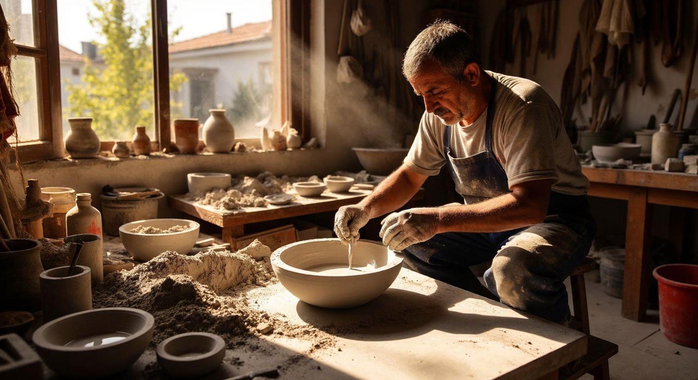 A Turkish craftsman in a sunlit workshop molds smooth cement into a small decorative bowl, surrounded by scattered tools and raw materials.