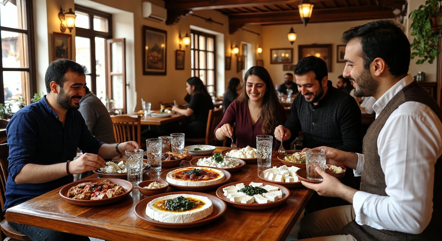 A warmly lit traditional Turkish meyhane with wooden tables, plates of meze like beyaz peynir and ezme, and glasses of rakı being served to smiling patrons in casual attire.
