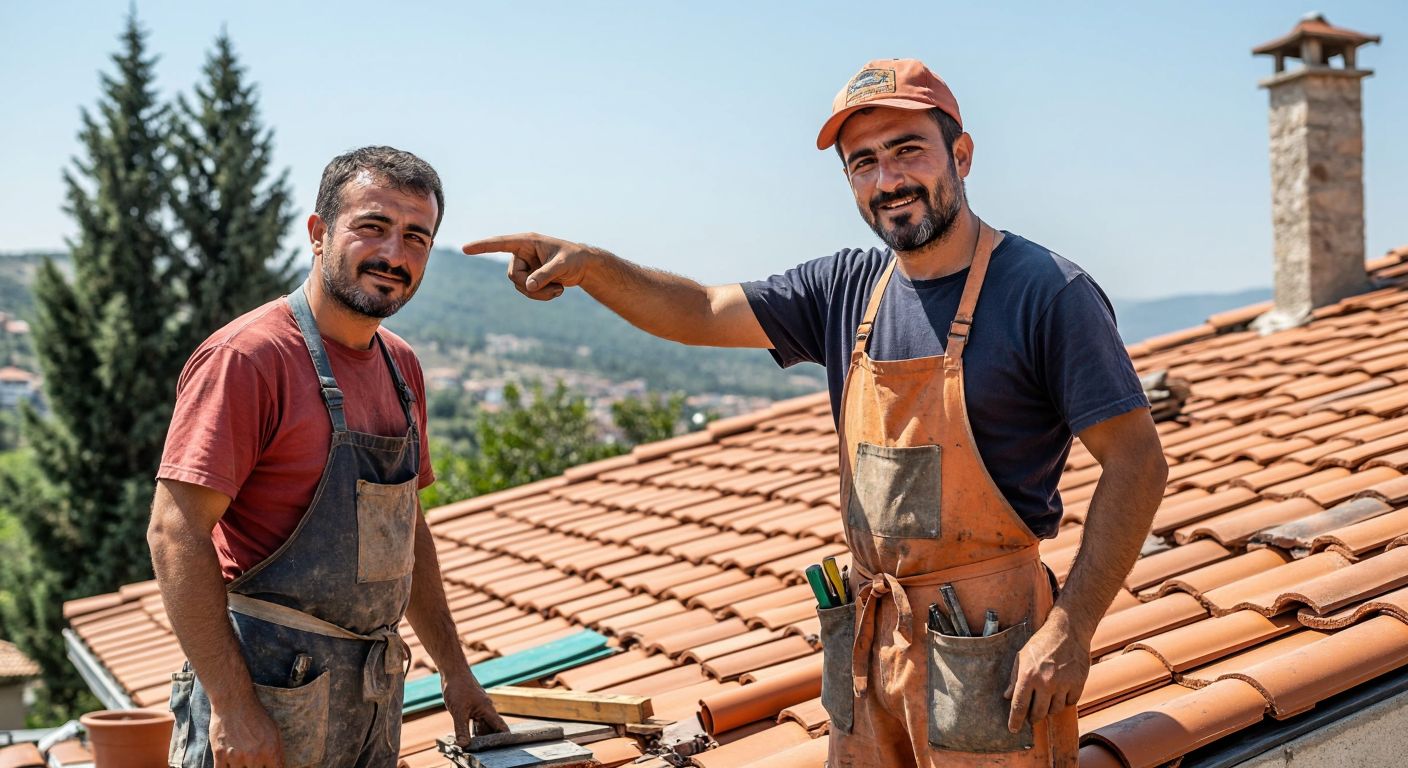 A skilled Turkish roofer in a worn work apron confidently points to a well-crafted terracotta-tiled roof while a homeowner nods approvingly, surrounded by scattered tools and quality roofing materials under the warm Anatolian sun.