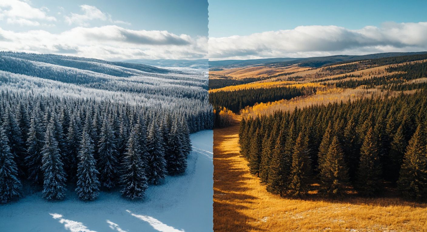 A split landscape showing dense coniferous forests under a snowy winter scene on one side (harsh continental climate) and golden steppes under a mild spring sun on the other (continental climate).