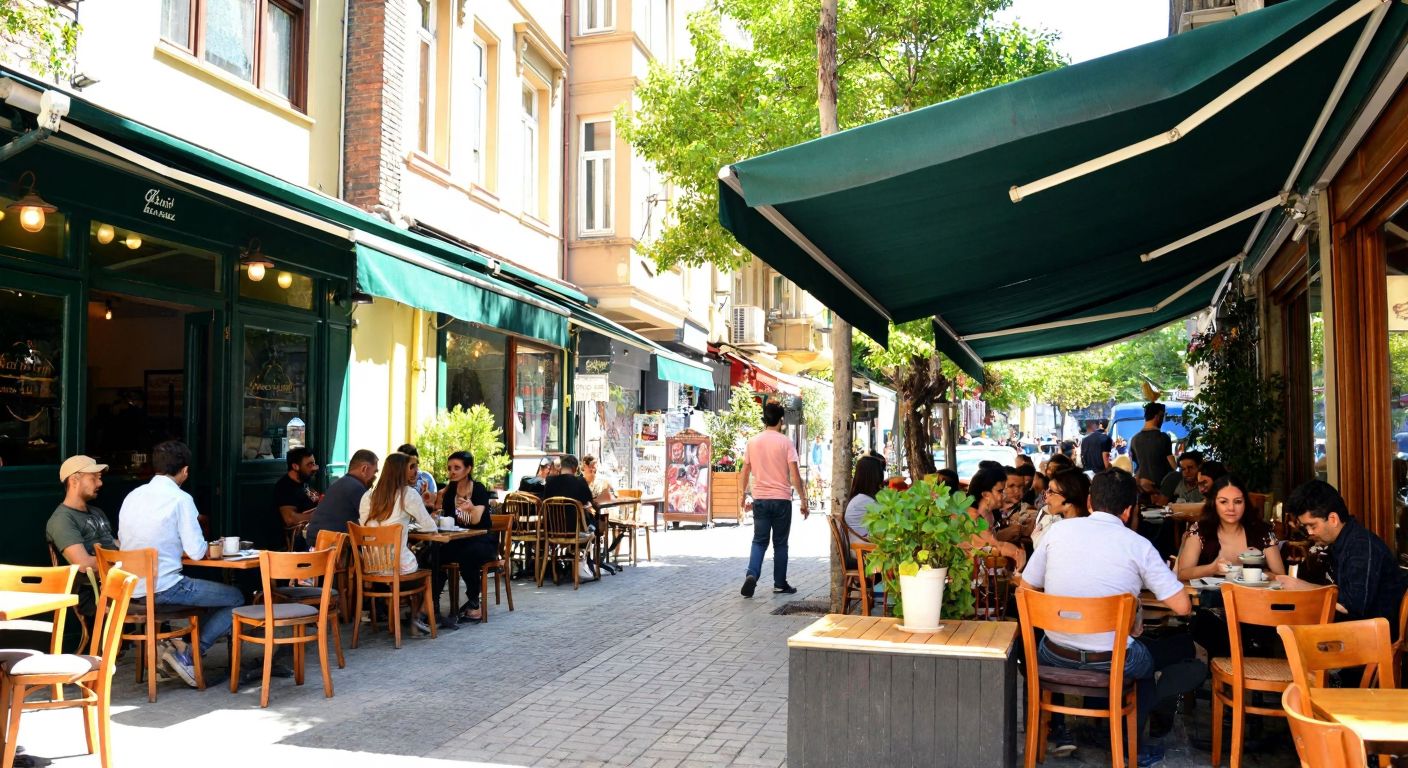 A cozy Parisian-style café in Kadıköy with outdoor seating under green awnings, where people enjoy coffee and pastries on a sunny Istanbul street.