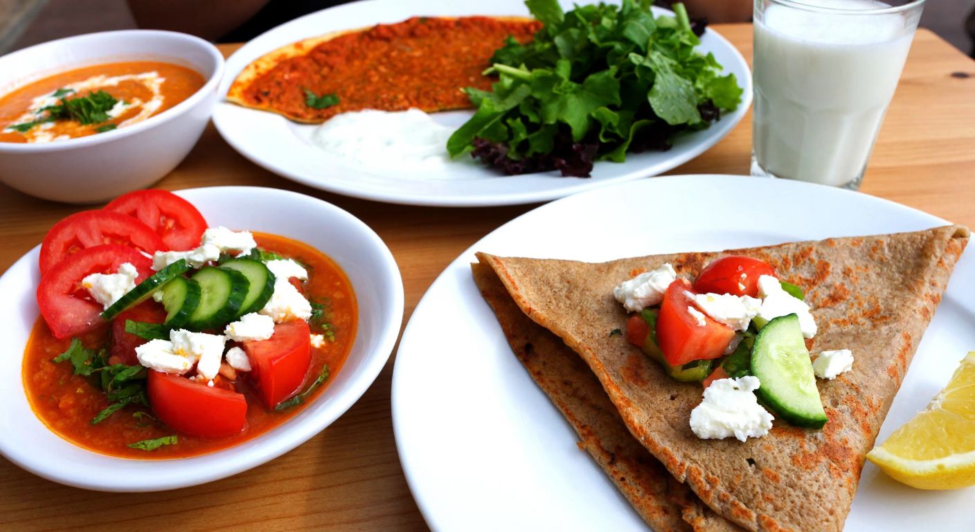 A vibrant Turkish breakfast spread with whole wheat crepes topped with white cheese, tomatoes, and cucumbers, alongside a bowl of red lentil soup, a plate of lahmacun with fresh greens, and a glass of ayran, all arranged on a sunlit wooden table.