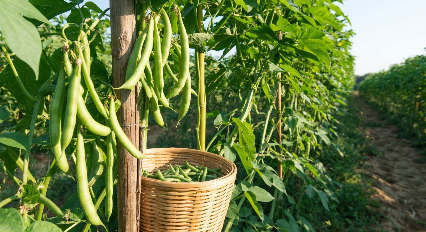 A lush green bean plant climbs a wooden stake in a sunlit Turkish field, its vibrant pods hanging plump and ready for harvest, with a basket of freshly picked beans at the base.