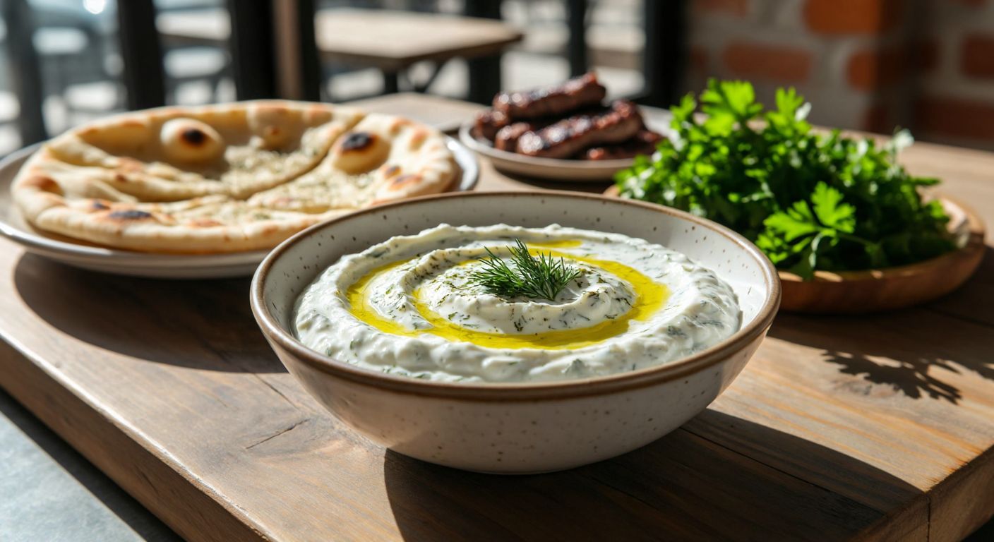 A rustic wooden table in a sunlit Turkish kitchen holds a white ceramic bowl filled with creamy yogurt mixed with fresh dill, drizzled with golden olive oil and garnished with vibrant green dill sprigs, alongside a plate of grilled meat and warm pita bread.
