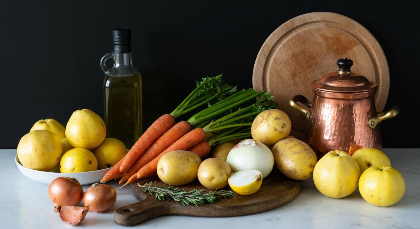 A rustic Turkish kitchen countertop displays fresh quinces, potatoes, carrots, celery, onions, lemons, and a bottle of olive oil, arranged neatly beside a wooden cutting board and a traditional copper pot, evoking warmth and culinary tradition.