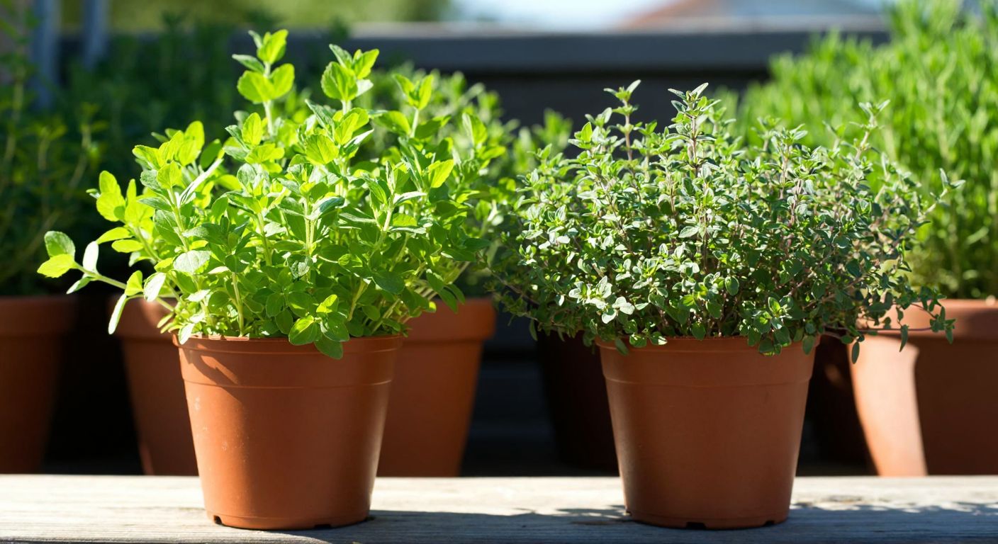 A sunlit Turkish herb garden with two small pots side by side—one holding vibrant green marjoram leaves and the other darker, slightly fuzzy oregano leaves, their distinct aromas subtly mingling in the warm air.