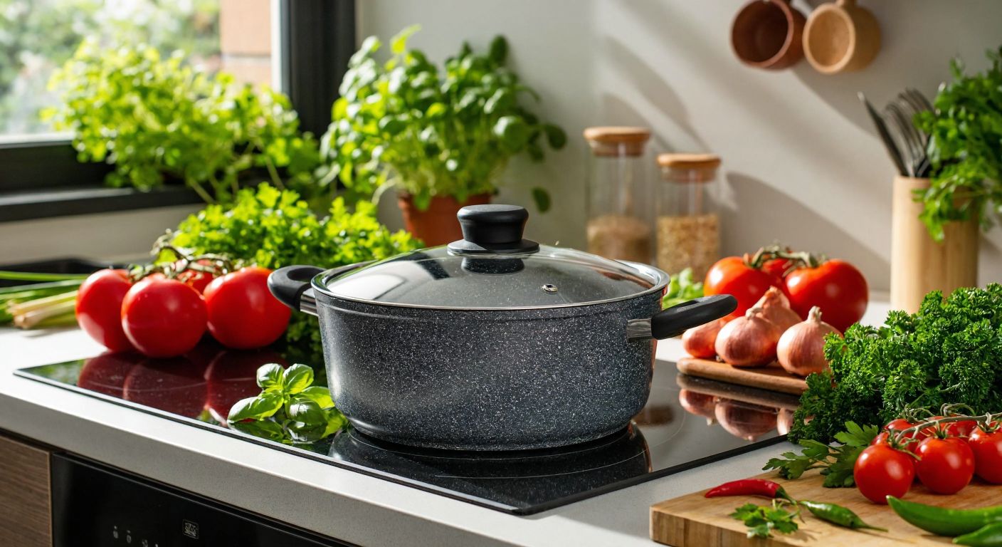 A gleaming dark gray Falez pot with a granite-coated surface sits on a modern stovetop in a sunlit Turkish kitchen, surrounded by fresh vegetables and herbs, radiating durability and elegance.