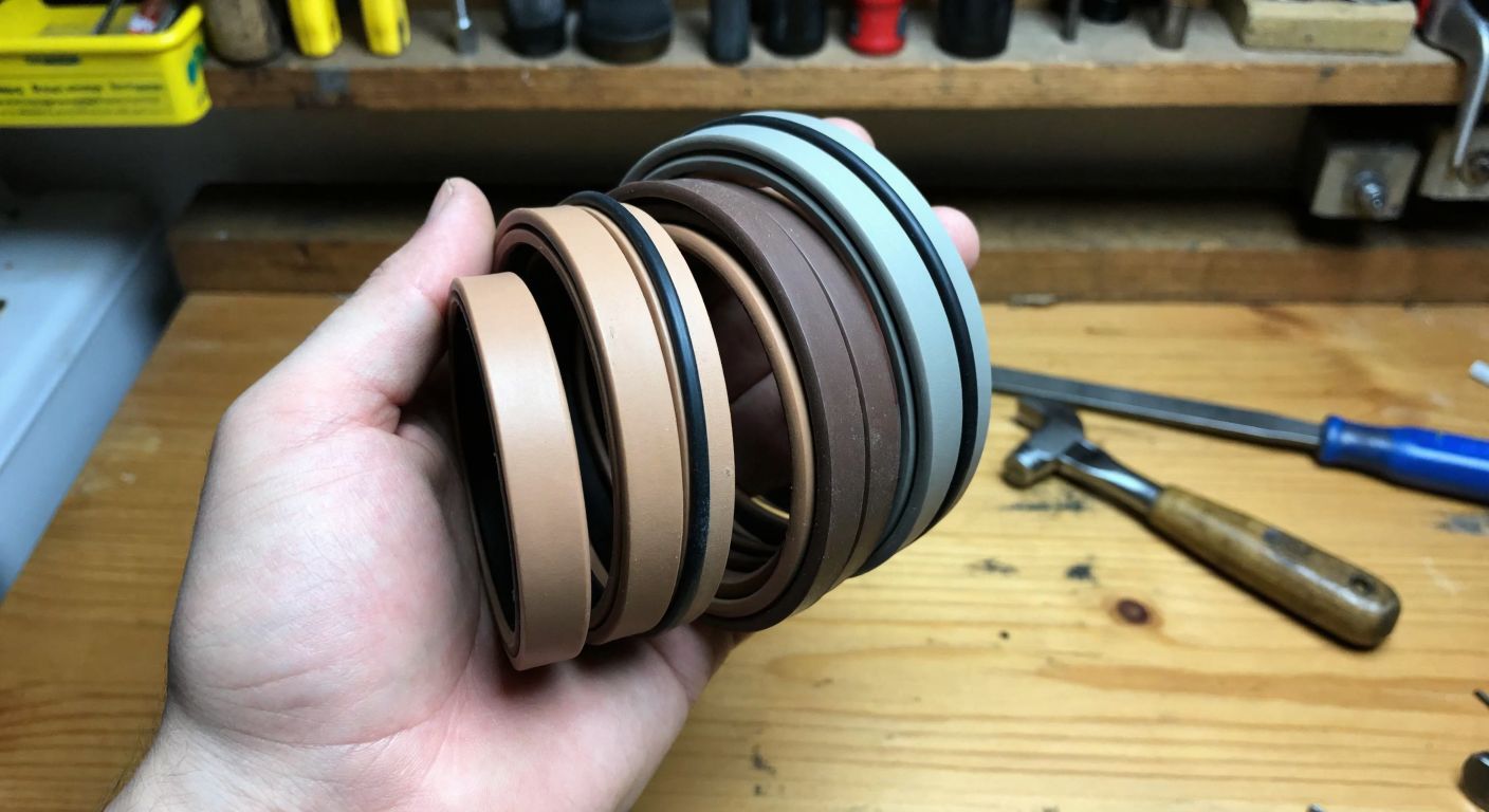 A hand holds three coiled rubber bands of varying lengths—one thick and long (100m), one medium (80m), and one short (50m)—against a wooden workbench with scattered tools in a Turkish workshop.