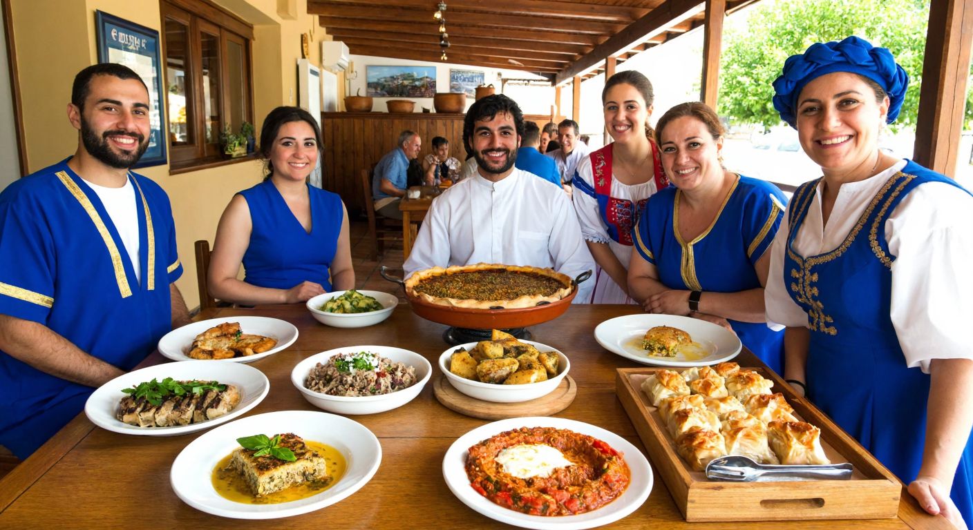 A vibrant Greek taverna with a wooden table overflowing with colorful dishes like moussaka, souvlaki, and baklava, surrounded by smiling people in traditional Greek attire.